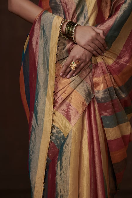 Buy Dressfolk Multi Color Tissue Handwoven Zari Bengal Striped Saree With Running Blouse Online at Aza Fashions Buy_Dressfolk_Multi Color Tissue Handwoven Zari Bengal Striped Saree With Running Blouse _Online_at_Aza_Fashions