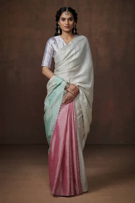 Dressfolk Pink Tissue Color Block Ashwini Handwoven Saree With Unstitched Blouse Fabric 