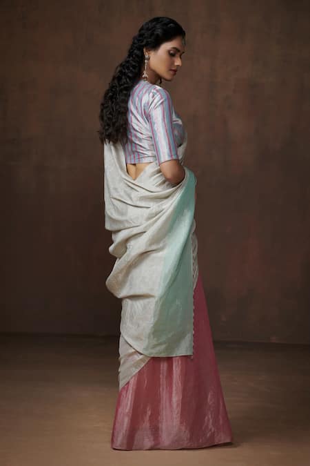 Dressfolk_Pink Tissue Color Block Handwoven Saree With Running Blouse_Online_at_Aza_Fashions