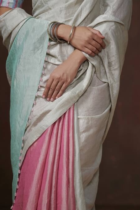 Buy_Dressfolk_Pink Tissue Color Block Handwoven Saree With Running Blouse_Online_at_Aza_Fashions