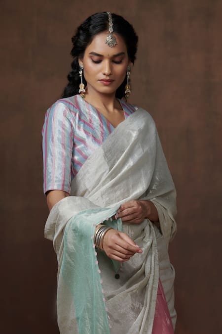 Shop_Dressfolk_Pink Tissue Color Block Handwoven Saree With Running Blouse_Online_at_Aza_Fashions