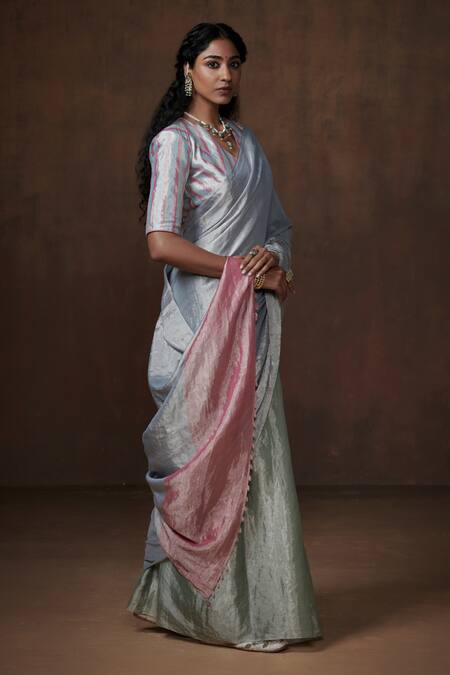 Dressfolk_Blue Tissue Gradient Handwoven Saree With Running Blouse_Online_at_Aza_Fashions