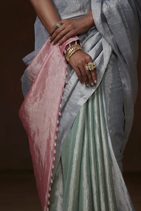 Shop_Dressfolk_Blue Tissue Gradient Handwoven Saree With Running Blouse_Online_at_Aza_Fashions