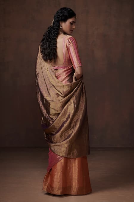 Dressfolk Color Block Handwoven Tissue Saree with Running Blouse 