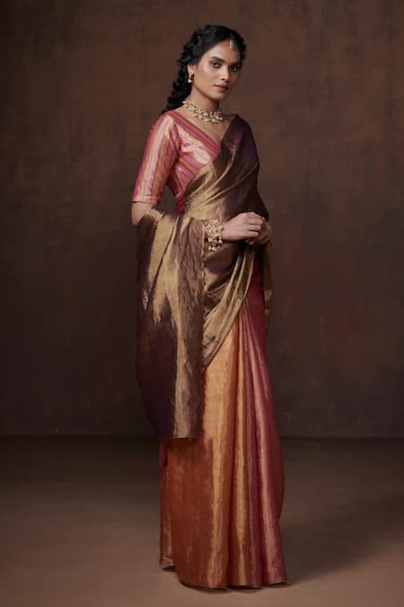 Dressfolk_Gold Tissue Color Block Handwoven Saree With Running Blouse _Online_at_Aza_Fashions