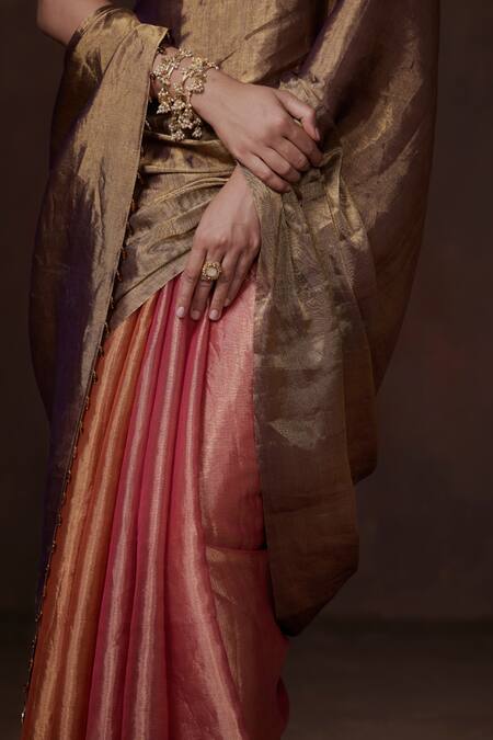 Buy_Dressfolk_Gold Tissue Color Block Handwoven Saree With Running Blouse _Online_at_Aza_Fashions