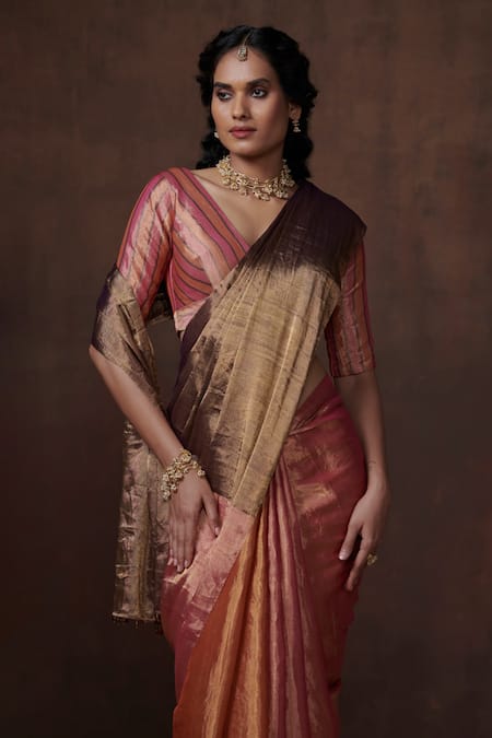 Shop_Dressfolk_Gold Tissue Color Block Handwoven Saree With Running Blouse _Online_at_Aza_Fashions