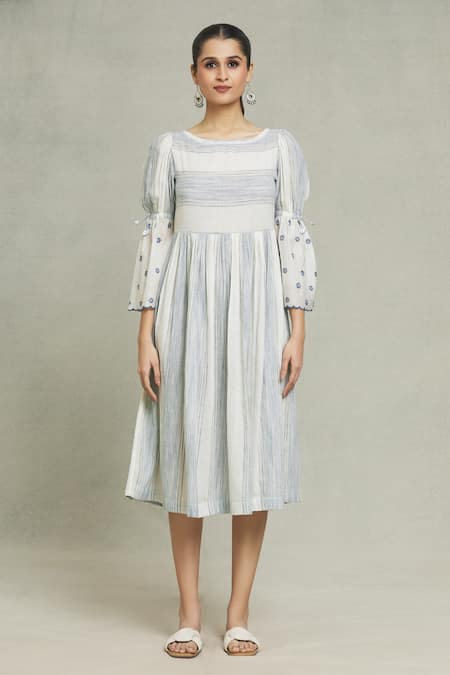 Naintara Bajaj_Blue Cotton Embroidery Boat Neck Alice Stripe Print Dress _Online_at_Aza_Fashions