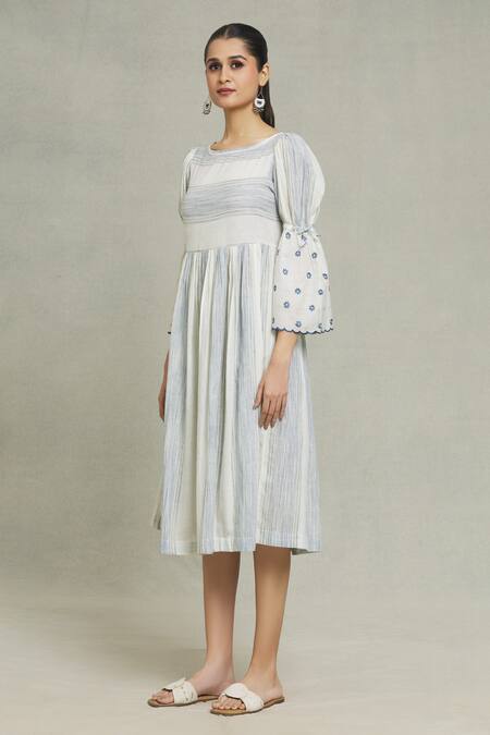 Buy_Naintara Bajaj_Blue Cotton Embroidery Boat Neck Alice Stripe Print Dress _Online_at_Aza_Fashions
