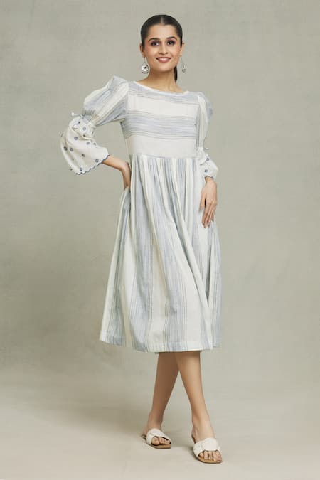 Shop_Naintara Bajaj_Blue Cotton Embroidery Boat Neck Alice Stripe Print Dress _Online_at_Aza_Fashions