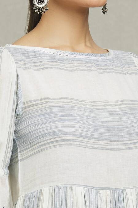 Naintara Bajaj_Blue Cotton Embroidery Boat Neck Alice Stripe Print Dress _at_Aza_Fashions