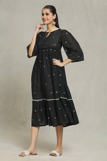 Shop_Naintara Bajaj_Black Jacquard Keyhole Neck Bella Geometric Print Dress _Online_at_Aza_Fashions
