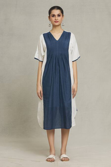 Naintara Bajaj Blue Cotton, Jacquard V-neck Iris Geometric Placement Woven Dress Online at Aza Fashions Naintara Bajaj_Blue Cotton, Jacquard V-neck Iris Geometric Placement Woven Dress _Online_at_Aza_Fashions