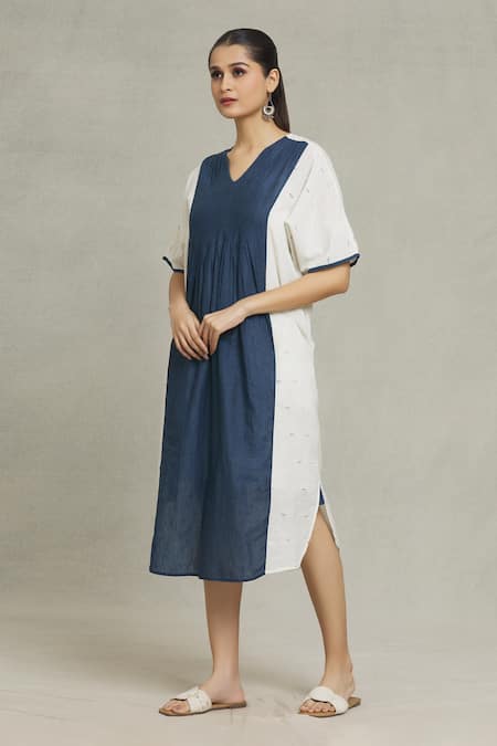 Shop Naintara Bajaj Blue Cotton, Jacquard V-neck Iris Geometric Placement Woven Dress Online at Aza Fashions Shop_Naintara Bajaj_Blue Cotton, Jacquard V-neck Iris Geometric Placement Woven Dress _Online_at_Aza_Fashions
