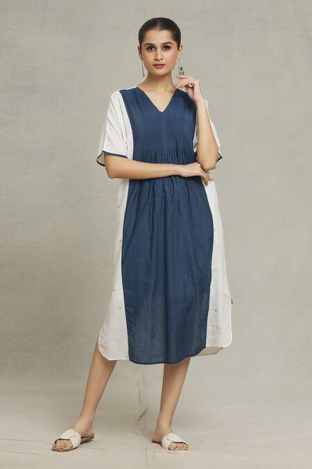 Naintara Bajaj Blue Cotton, Jacquard V-neck Iris Geometric Placement Woven Dress at Aza Fashions Naintara Bajaj_Blue Cotton, Jacquard V-neck Iris Geometric Placement Woven Dress _at_Aza_Fashions