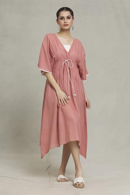 Naintara Bajaj Pink Jacquard V-neck Mia Floral Placement Woven Dress Online at Aza Fashions Naintara Bajaj_Pink Jacquard V-neck Mia Floral Placement Woven Dress _Online_at_Aza_Fashions