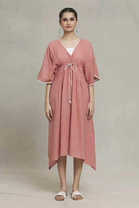 Naintara Bajaj Pink Jacquard V-neck Mia Floral Placement Woven Dress at Aza Fashions Naintara Bajaj_Pink Jacquard V-neck Mia Floral Placement Woven Dress _at_Aza_Fashions