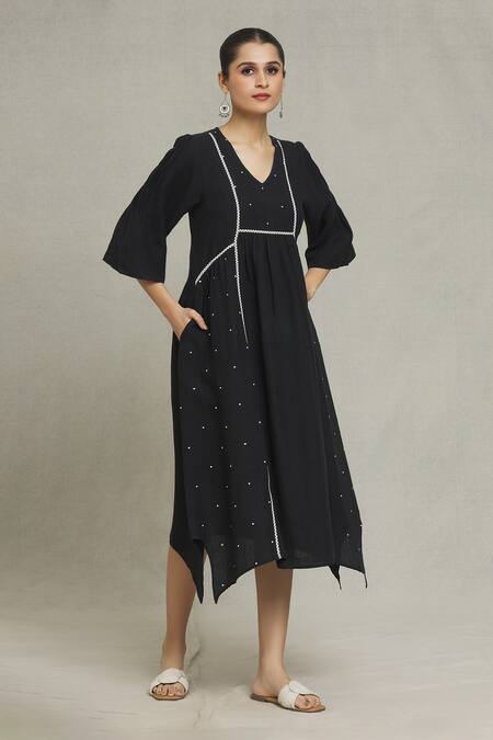 Shop Naintara Bajaj Black Linen Embroidery V-neck Olivia Placement Printed Dress Online at Aza Fashions Shop_Naintara Bajaj_Black Linen Embroidery V-neck Olivia Placement Printed Dress _Online_at_Aza_Fashions