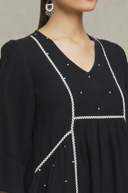 Naintara Bajaj Black Linen Embroidery V-neck Olivia Placement Printed Dress at Aza Fashions Naintara Bajaj_Black Linen Embroidery V-neck Olivia Placement Printed Dress _at_Aza_Fashions