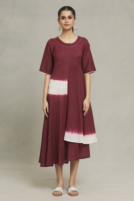 Naintara Bajaj_Maroon Cotton, Linen Round Neck Cupro Tie Dye Dress _Online_at_Aza_Fashions