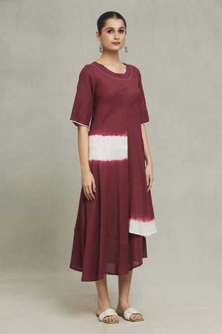 Buy_Naintara Bajaj_Maroon Cotton, Linen Round Neck Cupro Tie Dye Dress _Online_at_Aza_Fashions