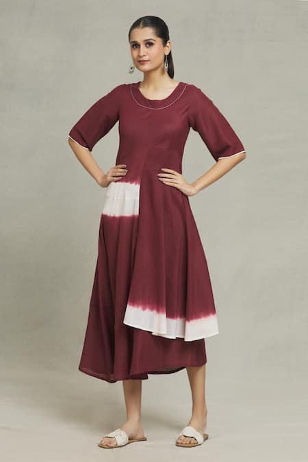 Shop_Naintara Bajaj_Maroon Cotton, Linen Round Neck Cupro Tie Dye Dress _Online_at_Aza_Fashions