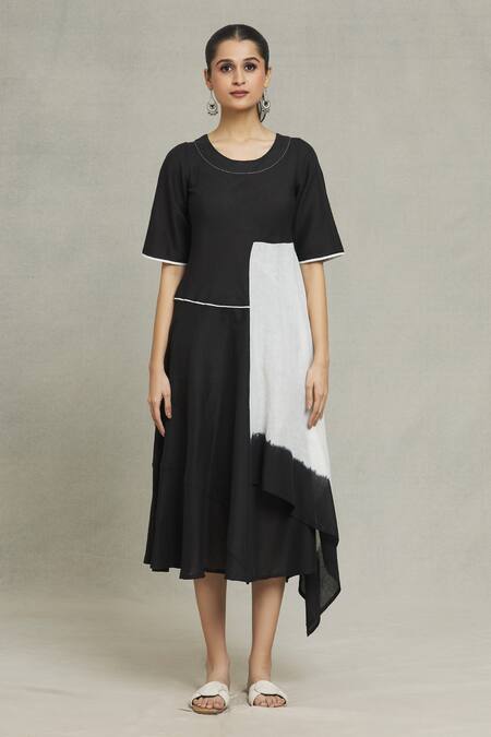 Naintara Bajaj Black Cotton, Linen Round Neck Cupro Dress Online at Aza Fashions Naintara Bajaj_Black Cotton, Linen Round Neck Cupro Dress _Online_at_Aza_Fashions