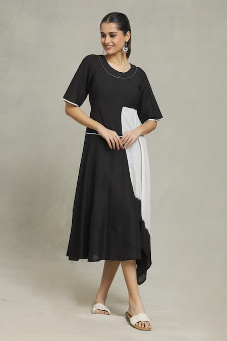 Shop Naintara Bajaj Black Cotton, Linen Round Neck Cupro Dress Online at Aza Fashions Shop_Naintara Bajaj_Black Cotton, Linen Round Neck Cupro Dress _Online_at_Aza_Fashions