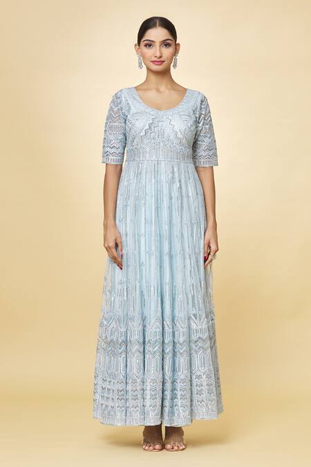 Priyaa Blue Georgette Sequins, Embroidery Round Neck Hand Anarkali Set Online at Aza Fashions Priyaa_Blue Georgette Sequins, Embroidery Round Neck Hand Anarkali Set _Online_at_Aza_Fashions