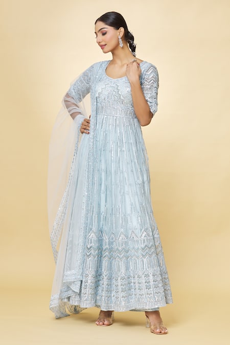 Buy Priyaa Blue Georgette Sequins, Embroidery Round Neck Hand Anarkali Set Online at Aza Fashions Buy_Priyaa_Blue Georgette Sequins, Embroidery Round Neck Hand Anarkali Set _Online_at_Aza_Fashions