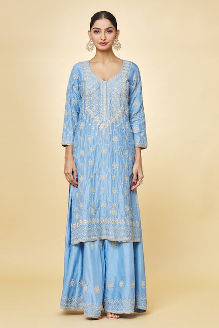Priyaa Blue Chanderi Embroidery, Zari Hand Kurta Sharara Set Online at Aza Fashions Priyaa_Blue Chanderi Embroidery, Zari Hand Kurta Sharara Set _Online_at_Aza_Fashions