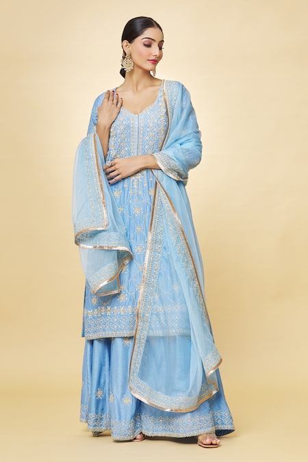 Buy Priyaa Blue Chanderi Embroidery, Zari Hand Kurta Sharara Set Online at Aza Fashions Buy_Priyaa_Blue Chanderi Embroidery, Zari Hand Kurta Sharara Set _Online_at_Aza_Fashions