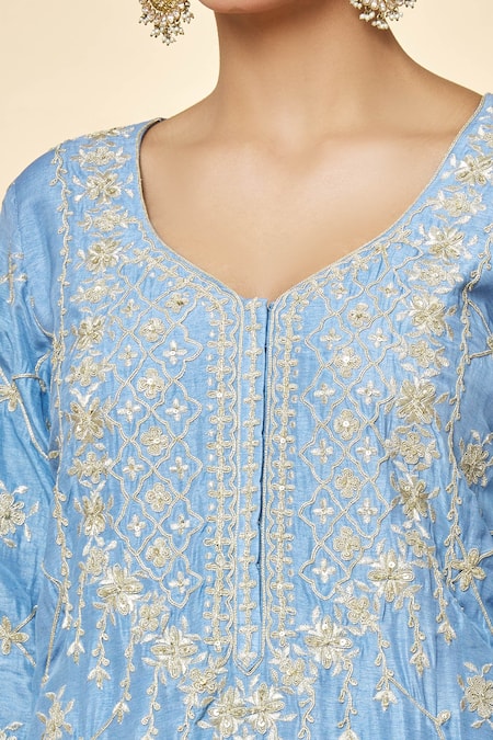 Shop Priyaa Blue Chanderi Embroidery, Zari Hand Kurta Sharara Set Online at Aza Fashions Shop_Priyaa_Blue Chanderi Embroidery, Zari Hand Kurta Sharara Set _Online_at_Aza_Fashions