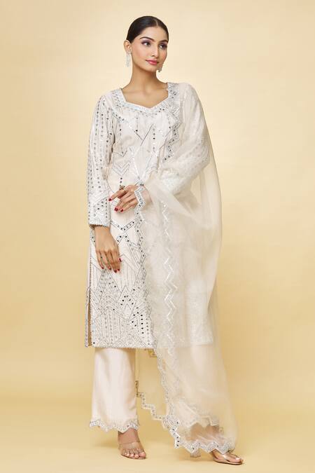 Buy_Priyaa_Ivory Chanderi Mirrors, Embroidery V-neck Kurta Trouser Set _Online_at_Aza_Fashions