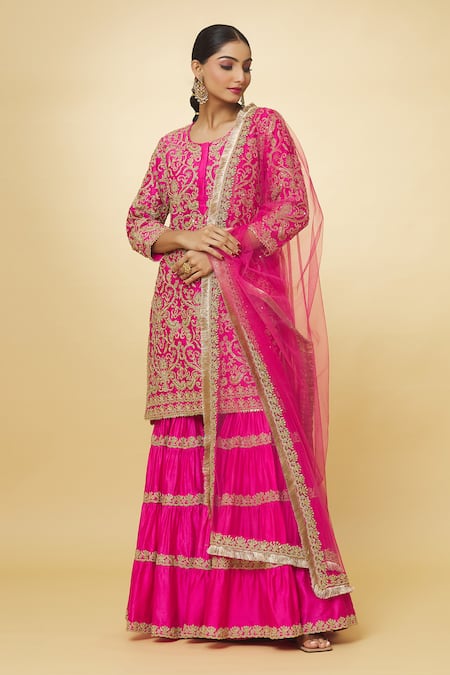 Priyaa Pink Chanderi Hand Embroidered Zari Round Kurta Sharara Set  