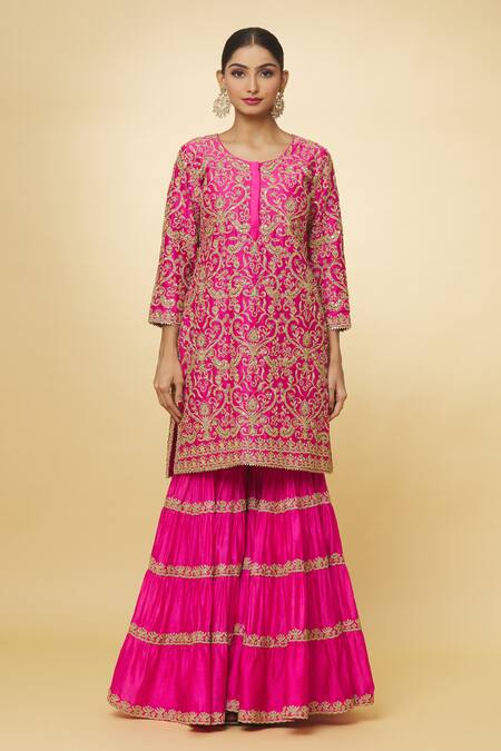 Priyaa_Pink Chanderi Sequins, Zari Round Neck Embroidered Kurta Sharara Set _Online_at_Aza_Fashions