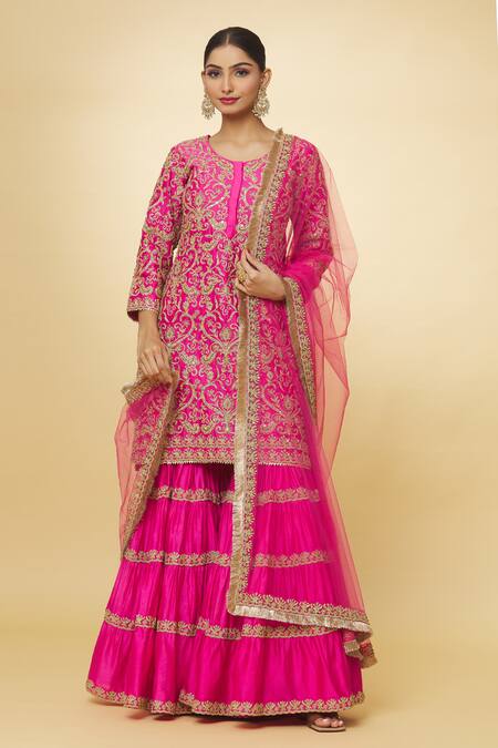 Buy_Priyaa_Pink Chanderi Sequins, Zari Round Neck Embroidered Kurta Sharara Set _Online_at_Aza_Fashions