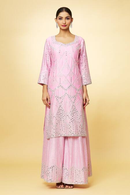 Priyaa_Pink Chanderi Embroidery, Mirrors V-neck Thread Hand Kurta Sharara Set _Online_at_Aza_Fashions