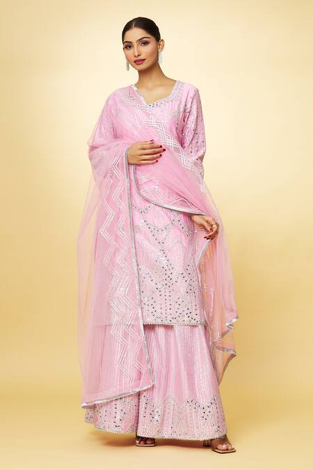 Buy_Priyaa_Pink Chanderi Embroidery, Mirrors V-neck Thread Hand Kurta Sharara Set _Online_at_Aza_Fashions