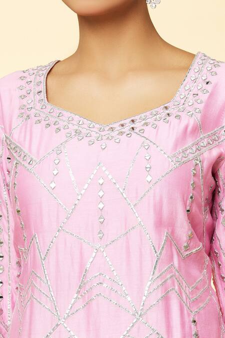Shop_Priyaa_Pink Chanderi Embroidery, Mirrors V-neck Thread Hand Kurta Sharara Set _Online_at_Aza_Fashions
