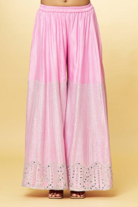 Priyaa_Pink Chanderi Embroidery, Mirrors V-neck Thread Hand Kurta Sharara Set _at_Aza_Fashions