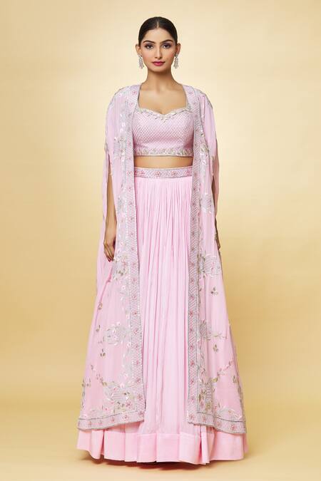 Shop Priyaa Pink Georgette Embroidery, Zari Sweetheart Neck Hand Cape Lehenga Set Online at Aza Fashions Shop_Priyaa_Pink Georgette Embroidery, Zari Sweetheart Neck Hand Cape Lehenga Set _Online_at_Aza_Fashions