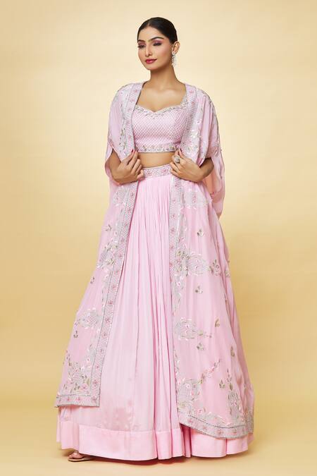 Priyaa Pink Georgette Embroidery, Zari Sweetheart Neck Hand Cape Lehenga Set at Aza Fashions Priyaa_Pink Georgette Embroidery, Zari Sweetheart Neck Hand Cape Lehenga Set _at_Aza_Fashions