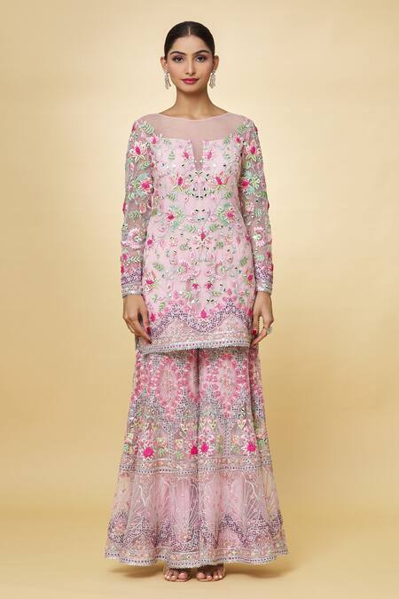 Priyaa_Pink Chanderi Embroidery, Sequins, Mirrors Boat Neck Hand Kurta Sharara Set _Online_at_Aza_Fashions