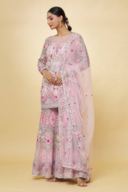 Buy_Priyaa_Pink Chanderi Embroidery, Sequins, Mirrors Boat Neck Hand Kurta Sharara Set _Online_at_Aza_Fashions