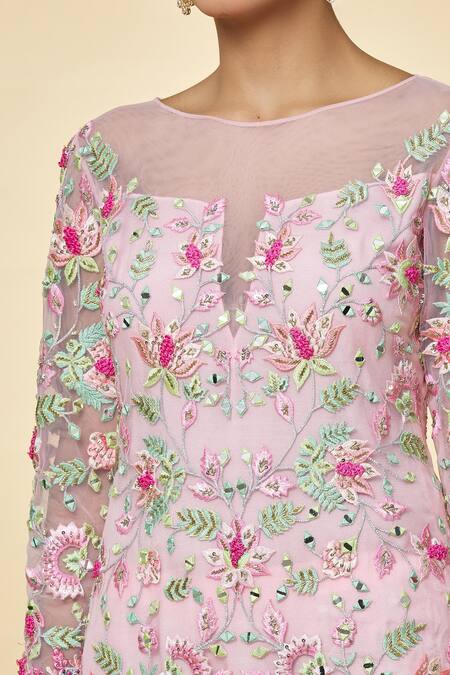 Shop_Priyaa_Pink Chanderi Embroidery, Sequins, Mirrors Boat Neck Hand Kurta Sharara Set _Online_at_Aza_Fashions