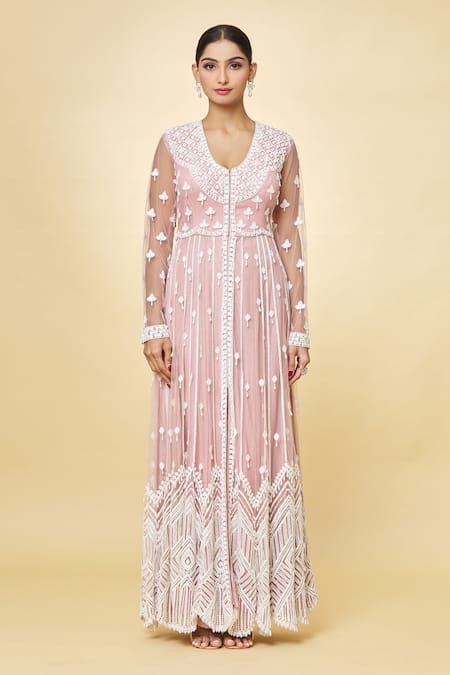 Priyaa_Pink Georgette Embroidery, Beads Round Neck Hand Anarkali Trouser Set _Online_at_Aza_Fashions