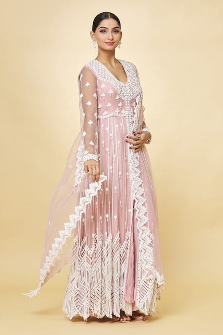 Buy_Priyaa_Pink Georgette Embroidery, Beads Round Neck Hand Anarkali Trouser Set _Online_at_Aza_Fashions