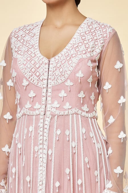 Shop_Priyaa_Pink Georgette Embroidery, Beads Round Neck Hand Anarkali Trouser Set _Online_at_Aza_Fashions