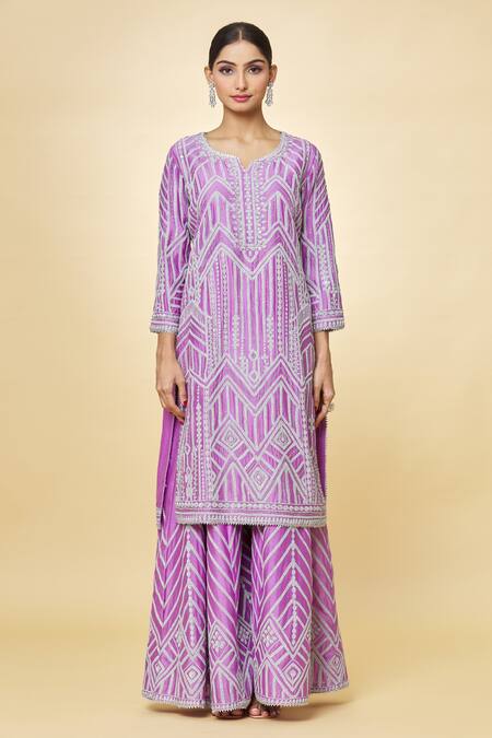 Priyaa_Purple Chanderi Zari, Sequins Split V-neck Hand Embroidered Kurta Sharara Set _Online_at_Aza_Fashions